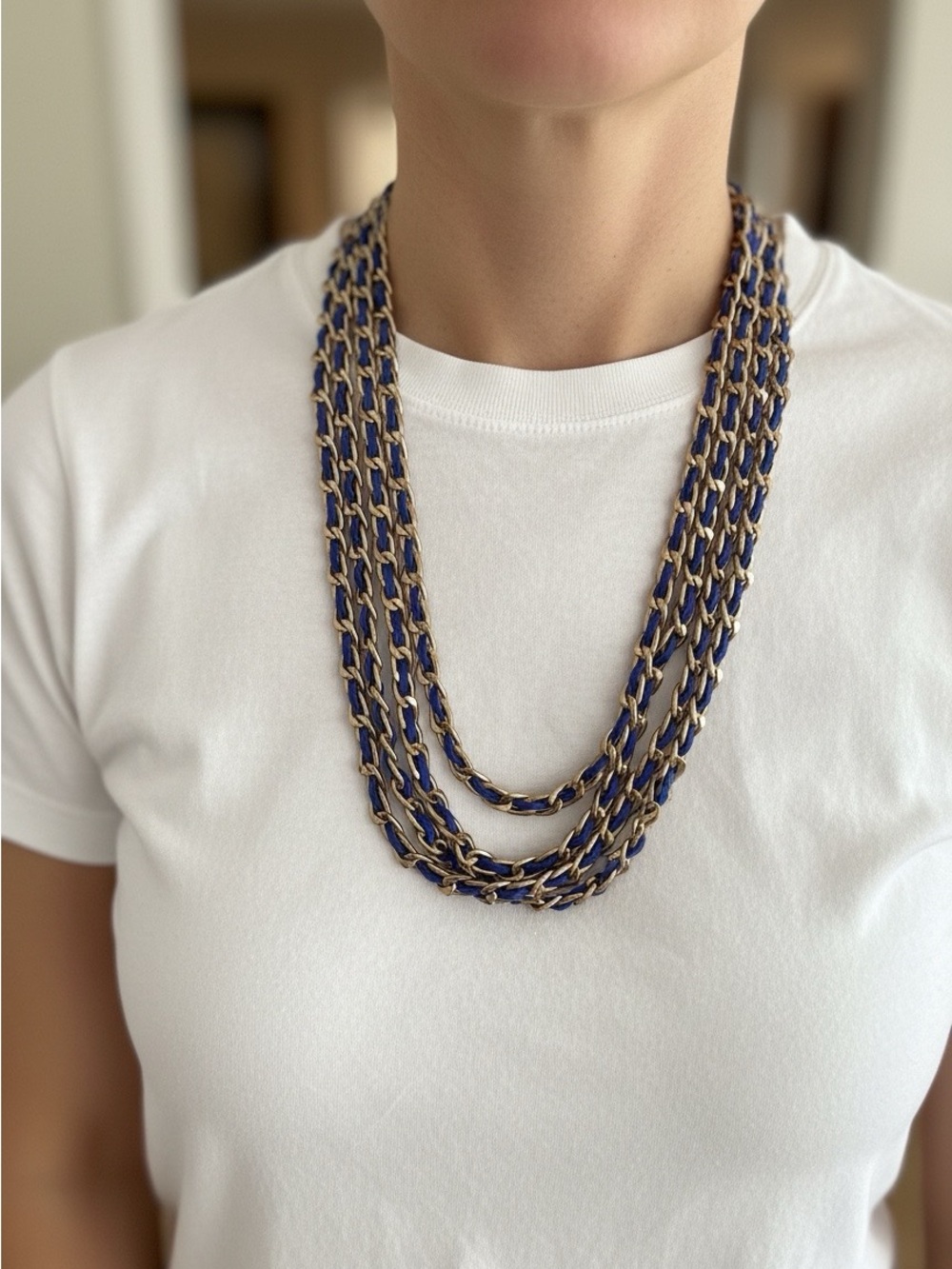 Layered Navy and Gold Chain Necklace - Women Jewelry